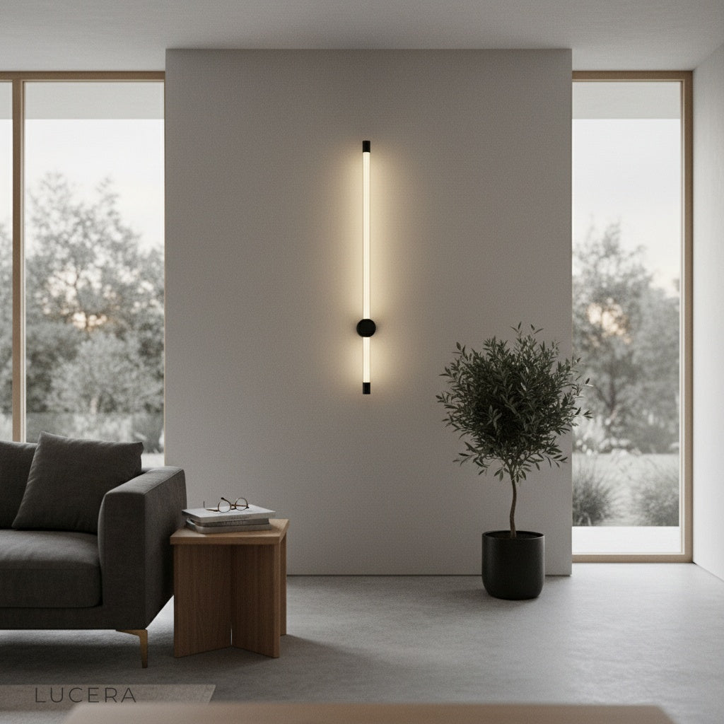 nighttime shot of yoke wall lamp casting a warm halo in a dark bedroom
