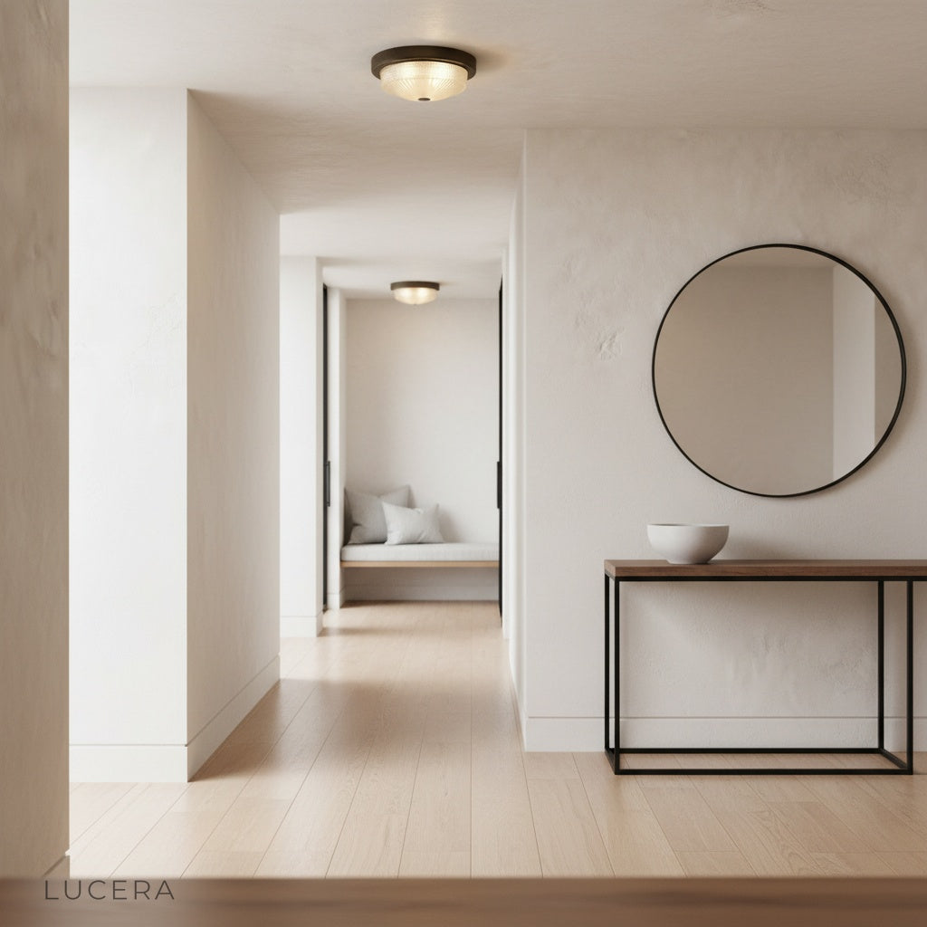 Veneration ceiling light at dusk in modern entryway with bronze accents and warm welcoming glow