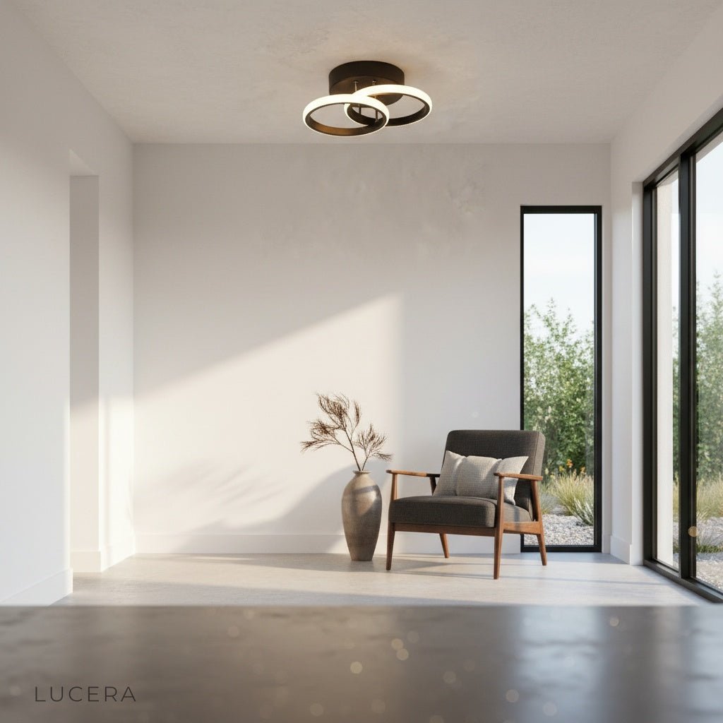 Ultramarine ceiling light in stylish bedroom hallway with soft nighttime glow
