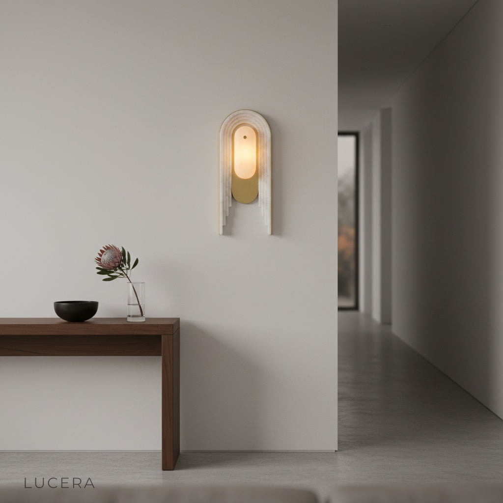 Fulgid wall lamp illuminated at night beside a cozy bed with soft ambient glow