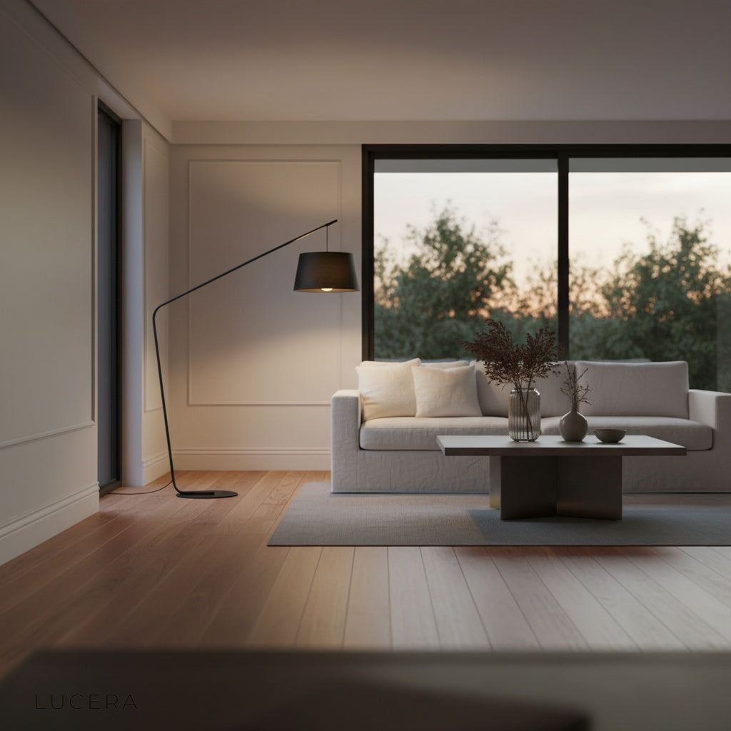 Ignatian floor lamp next to lounge chair in bright contemporary interior with neutral tones