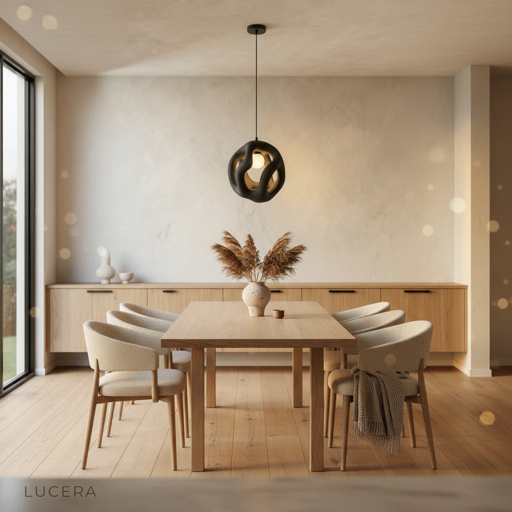 entwine flame pendant light hanging over breakfast bar with morning natural light