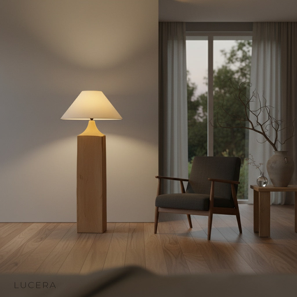 Dusky Floor Lamp glowing warmly in a bedroom corner with soft ambient evening lighting