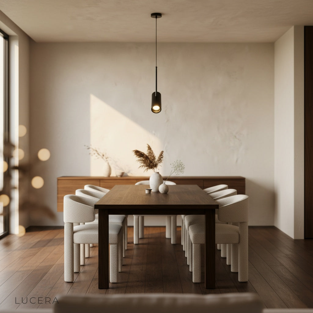 Nighttime lifestyle shot of Bistre pendant light creating intimate atmosphere in loft space