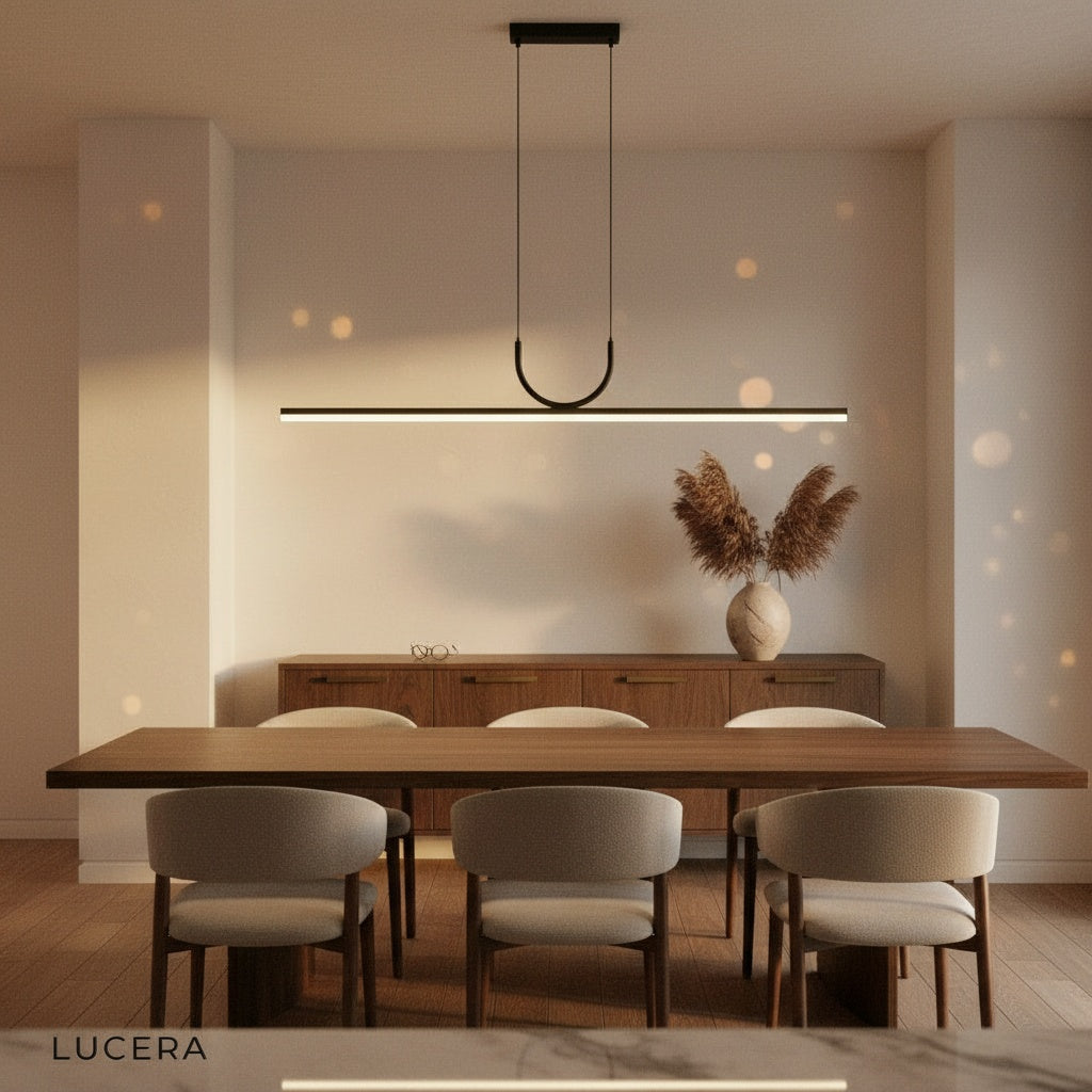 Honeysuckle linear pendant light above a kitchen breakfast bar, sleek silhouette contrasting with wooden stools