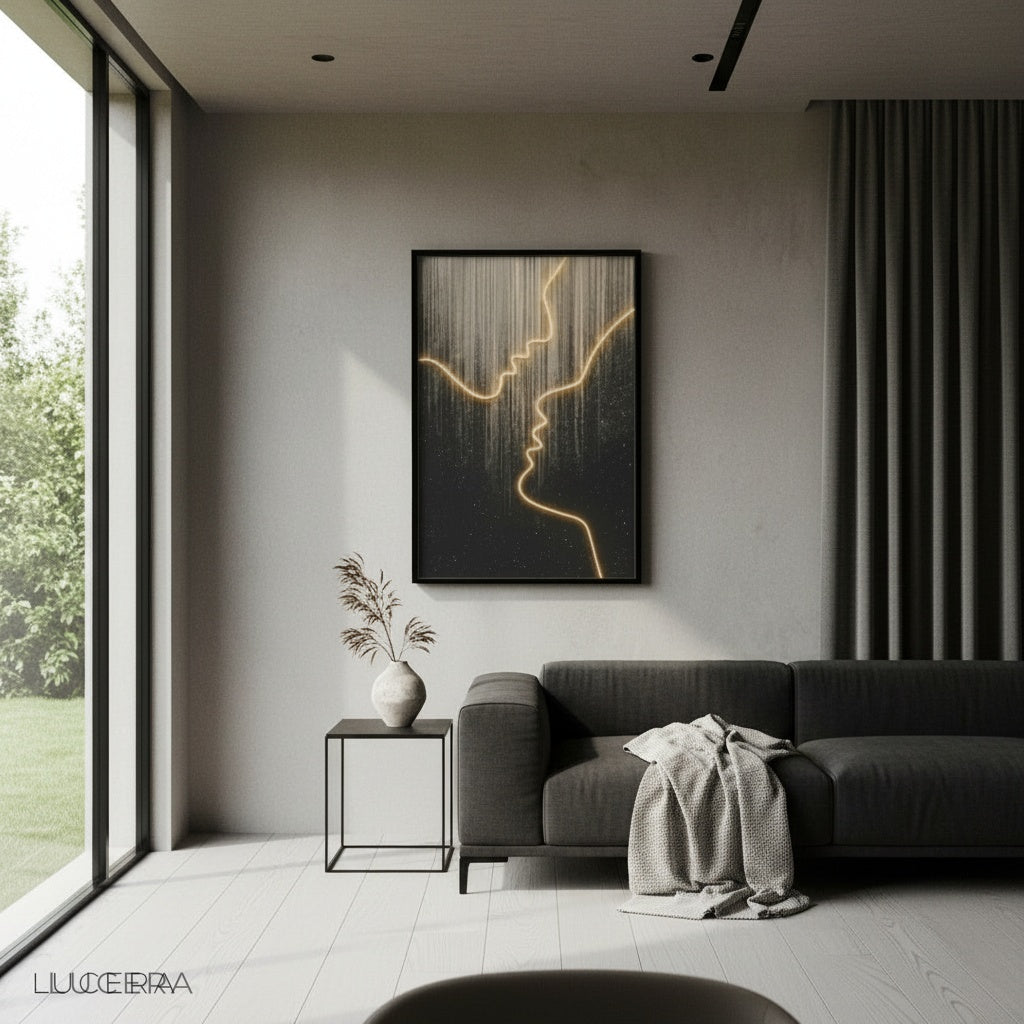 Warm ambient wall lamp illuminating a Nordic-style reading nook with soft shadows