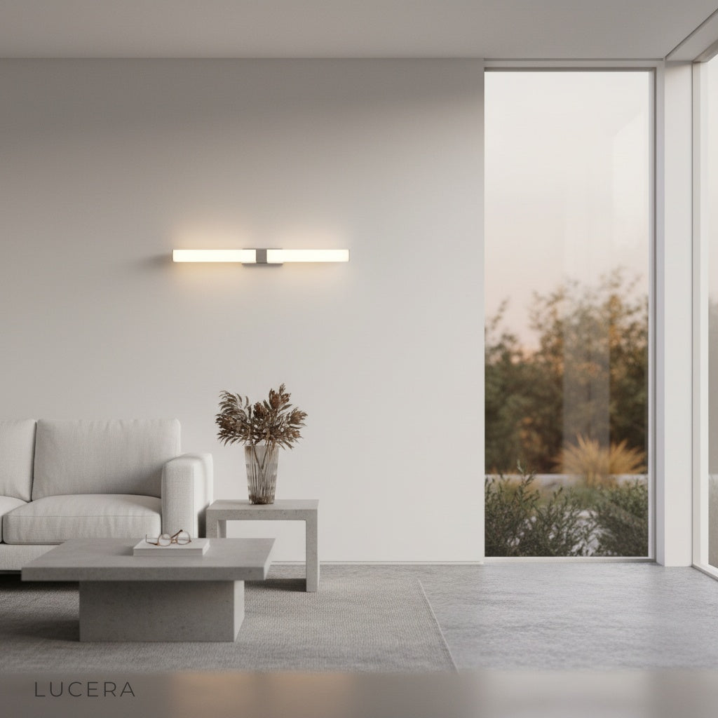 warm ambient light from linear wall lamp in cozy bedroom hallway
