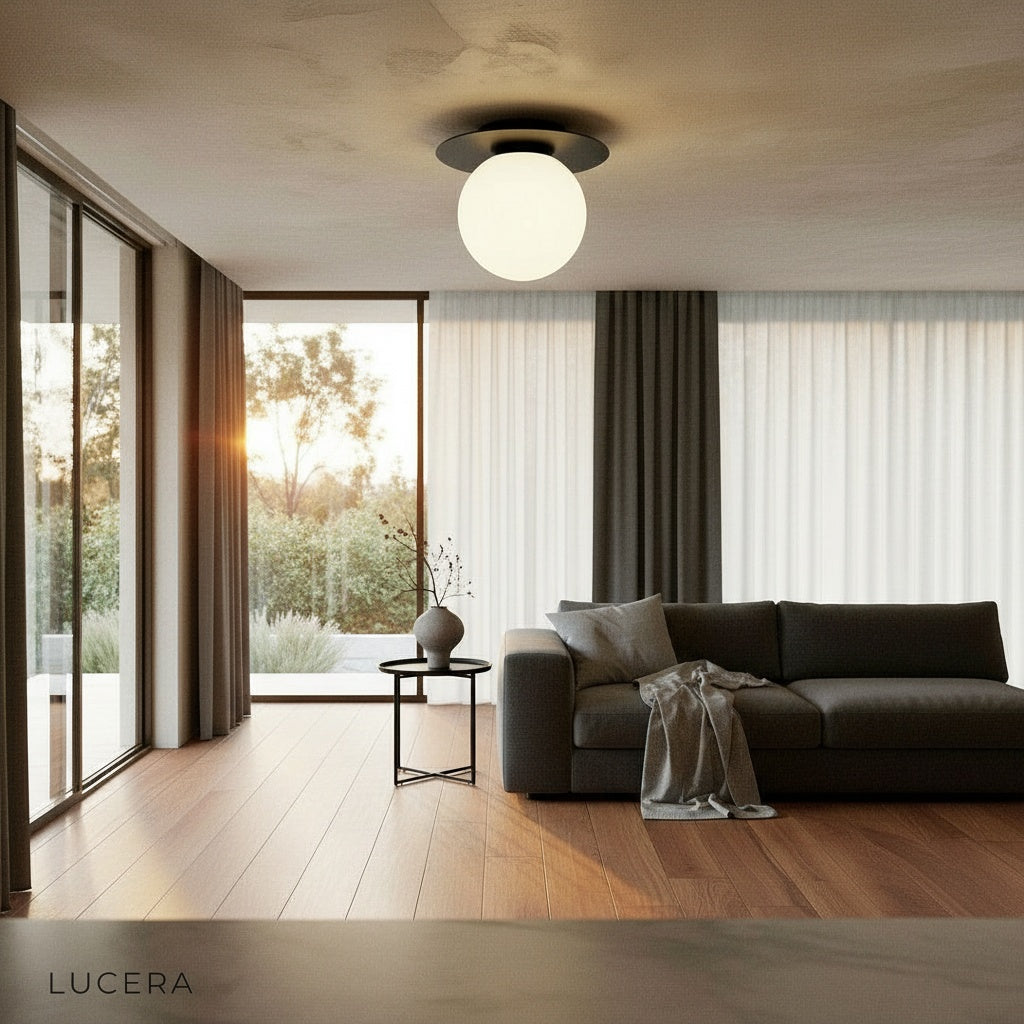 Bijou ceiling light in minimalist bedroom with soft evening lighting and gold accents