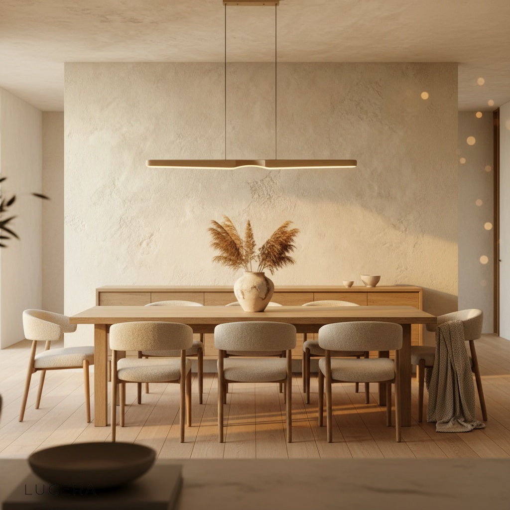 nighttime lifestyle shot of Ember wood pendant light illuminating a dining area with warm glow