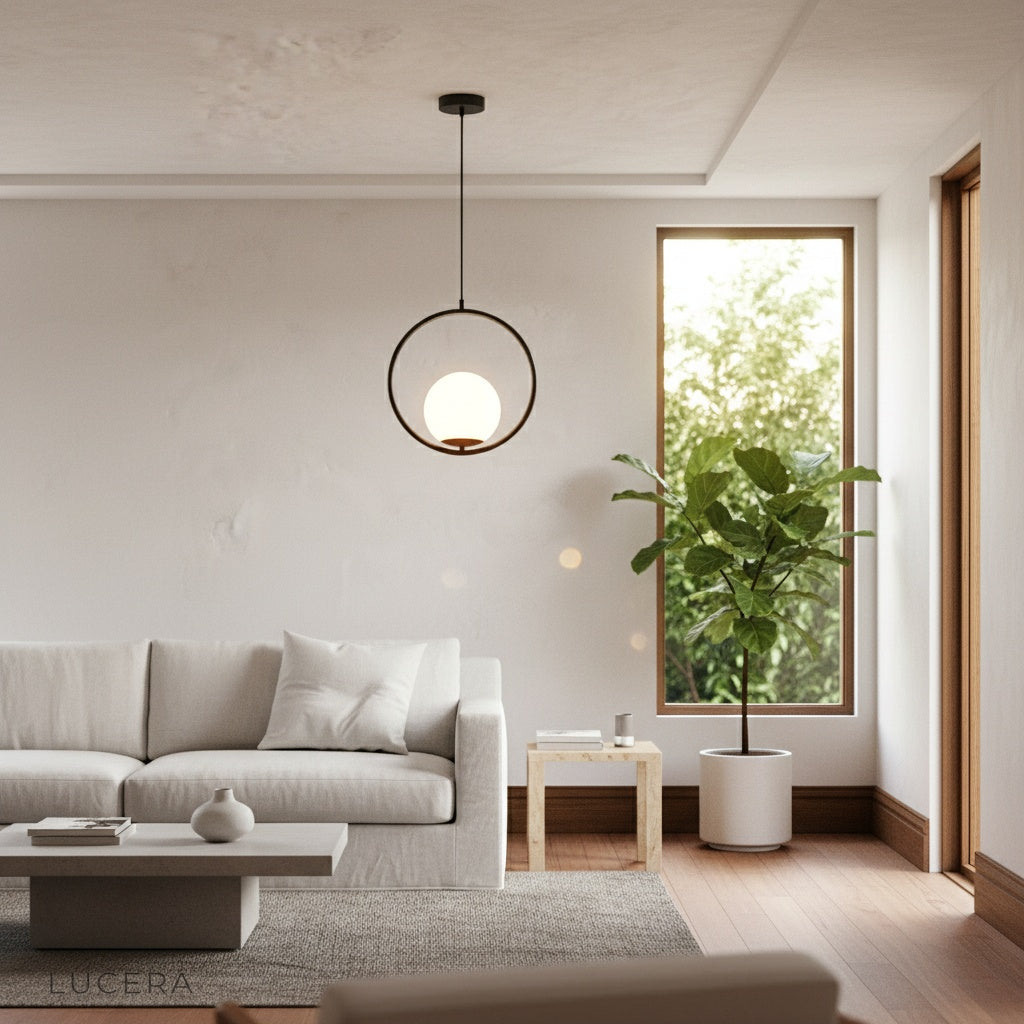 Zigolo pendant light trio hanging at different heights in minimalist hallway