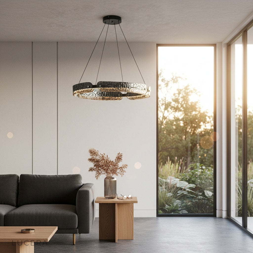 evening shot of chandelier glowing above minimalist bedroom reading area