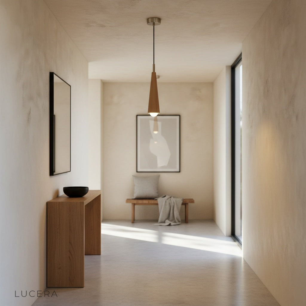 Monk pendant light glowing softly in a cozy bedroom corner with rustic wooden decor