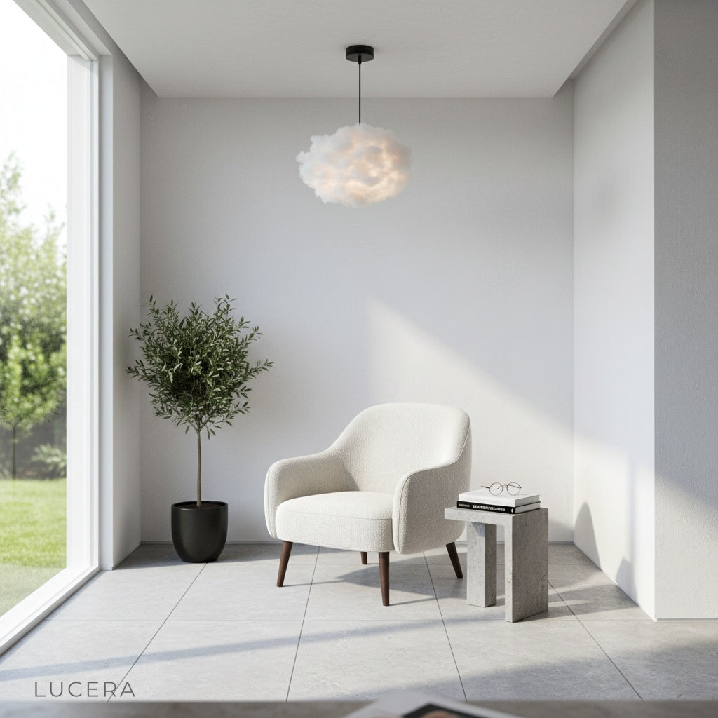 Whimsical Nine pendant light casting ambient evening glow in a serene bedroom retreat, with cloud-inspired shades floating overhead