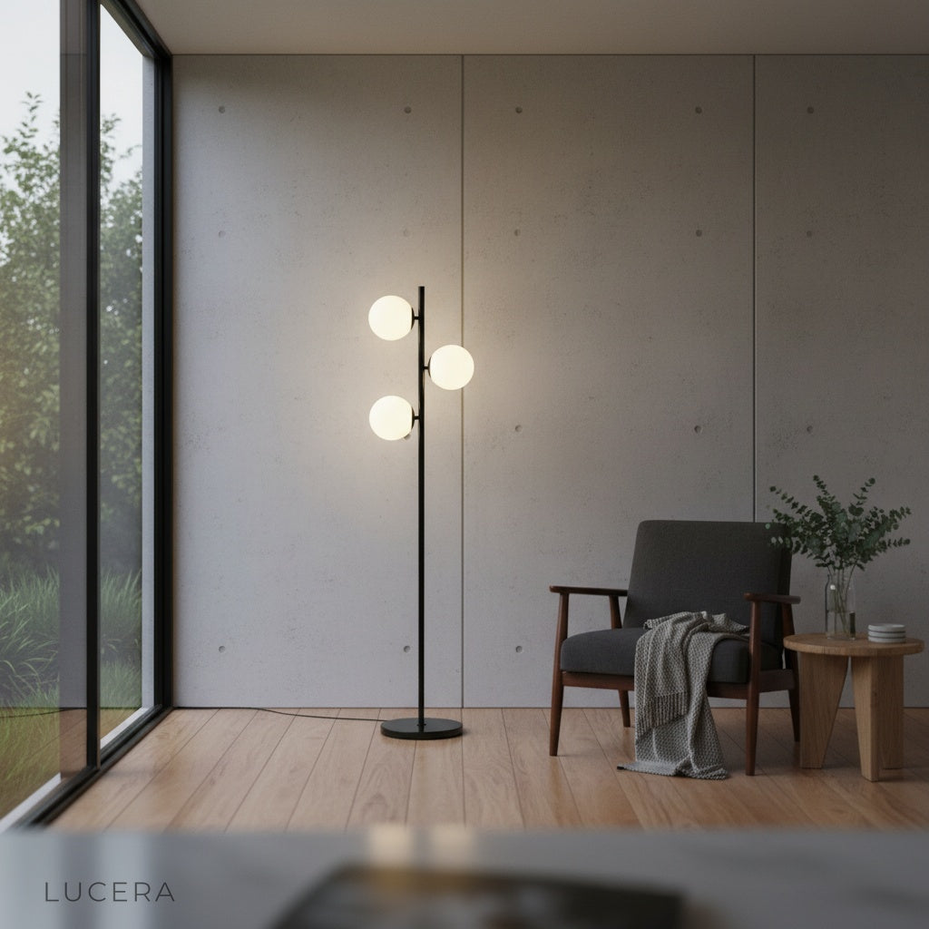 Final aesthetic shot of the lamp glowing in a dim bedroom with textured wall and plants