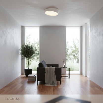 alabaster ceiling light paired with wooden furniture in Scandinavian-inspired living room