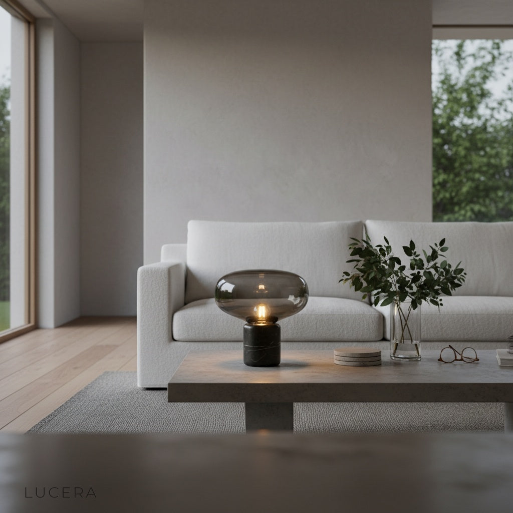 Elegance Table Lamp on a minimalist home office desk, tinted glass diffusing warm light over open notebook and pen