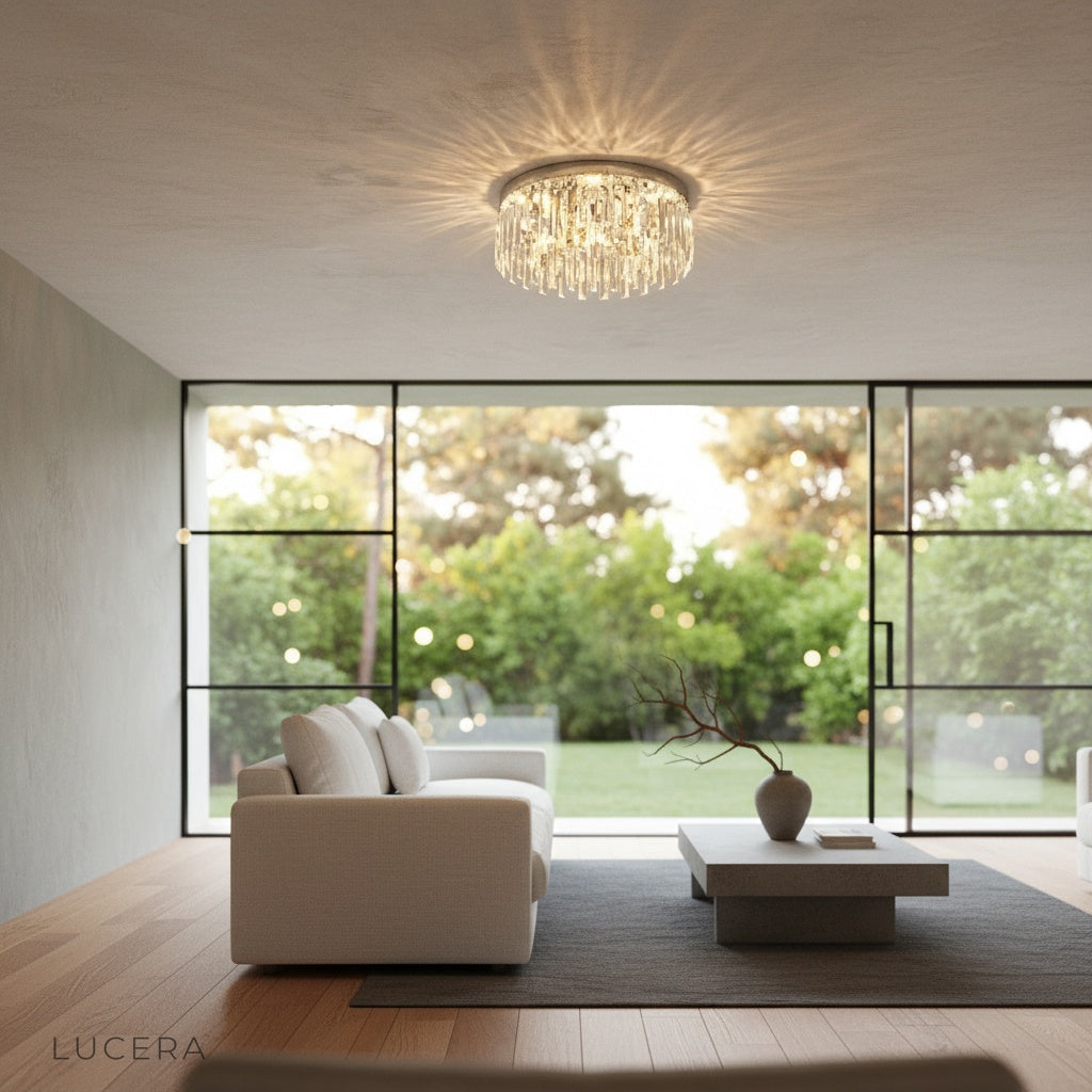 Emeraldine ceiling light in a chic entryway with soft shadows and reflective crystal accents