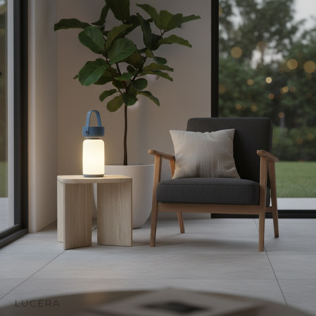 Acrylic rechargeable lamp with soft diffused light on rustic farmhouse dining table