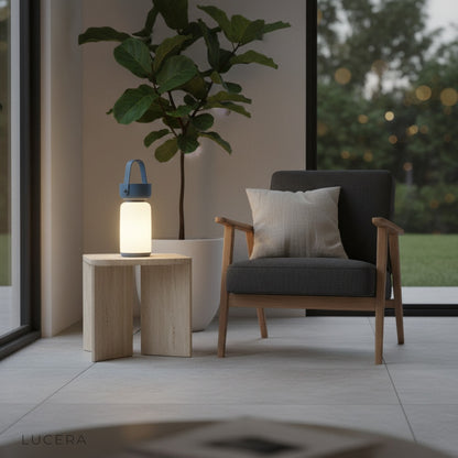 Acrylic rechargeable lamp with soft diffused light on rustic farmhouse dining table