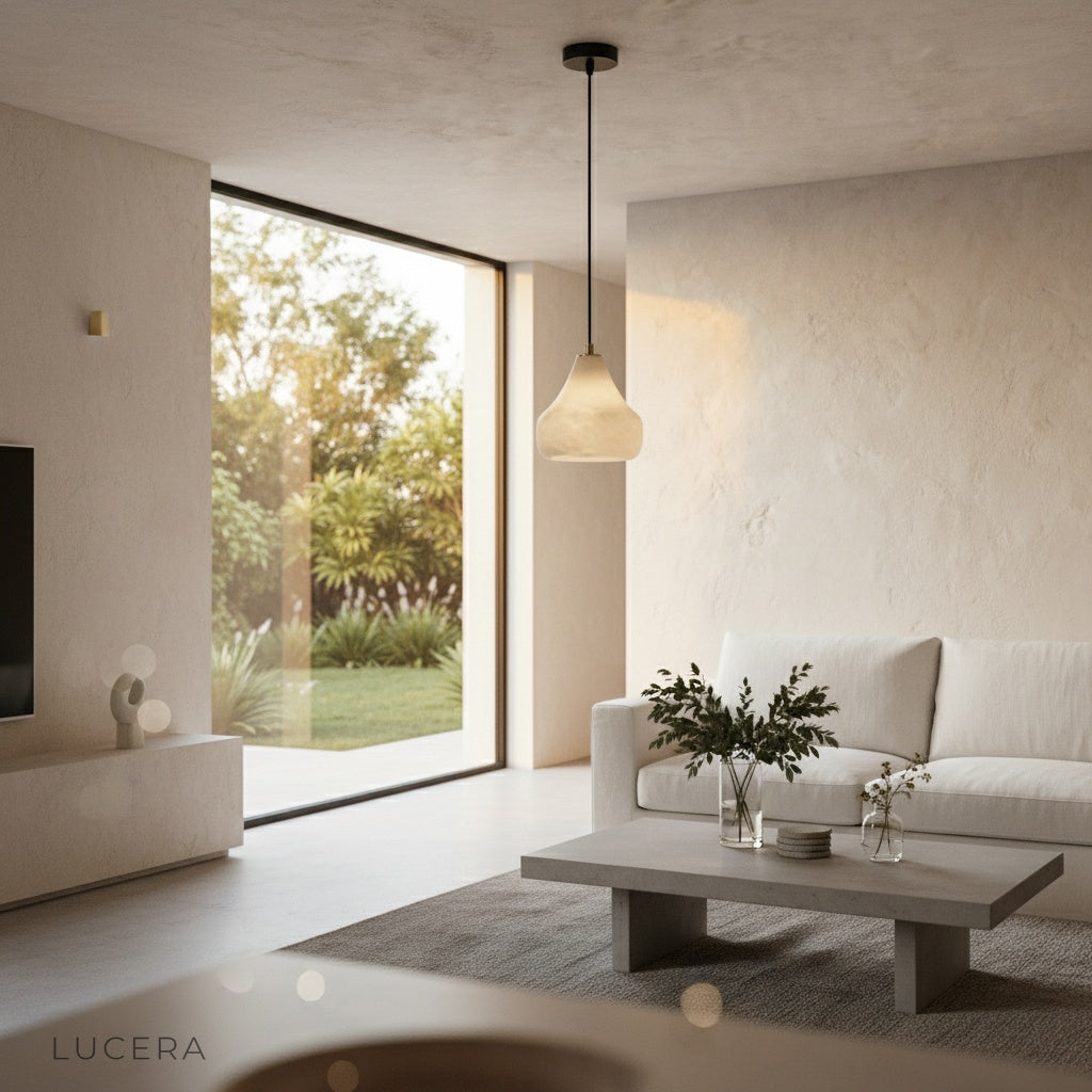 ivory alabaster pendant light in minimalist hallway with warm accent lighting