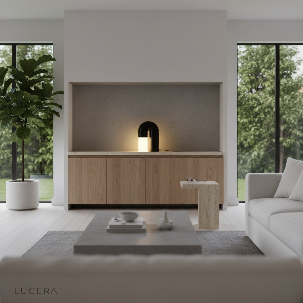 Nighttime Vigil Table Lamp casting warm light on linen armchair in reading corner