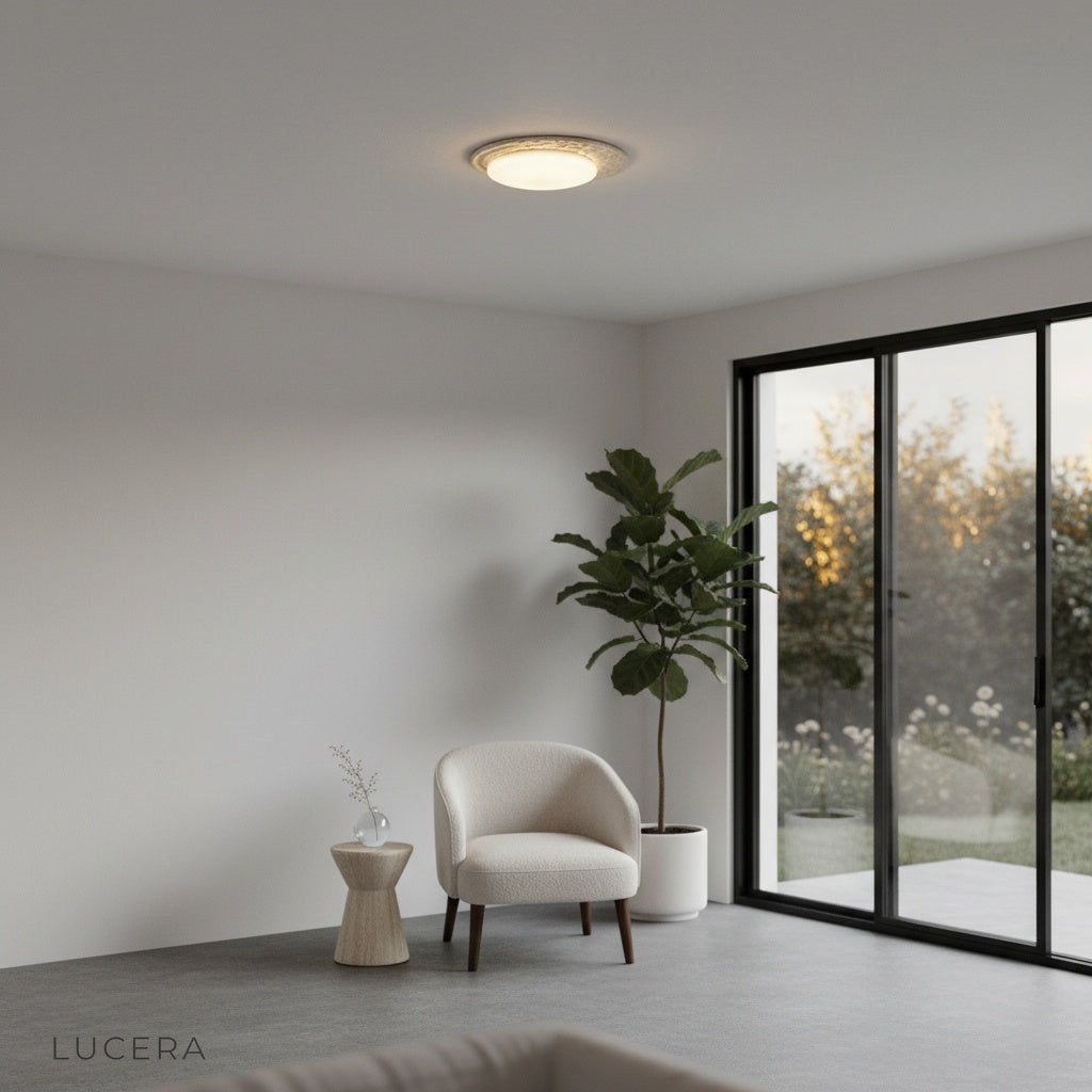 ceiling lamp with soft even glow casting shadows in minimalist dining room