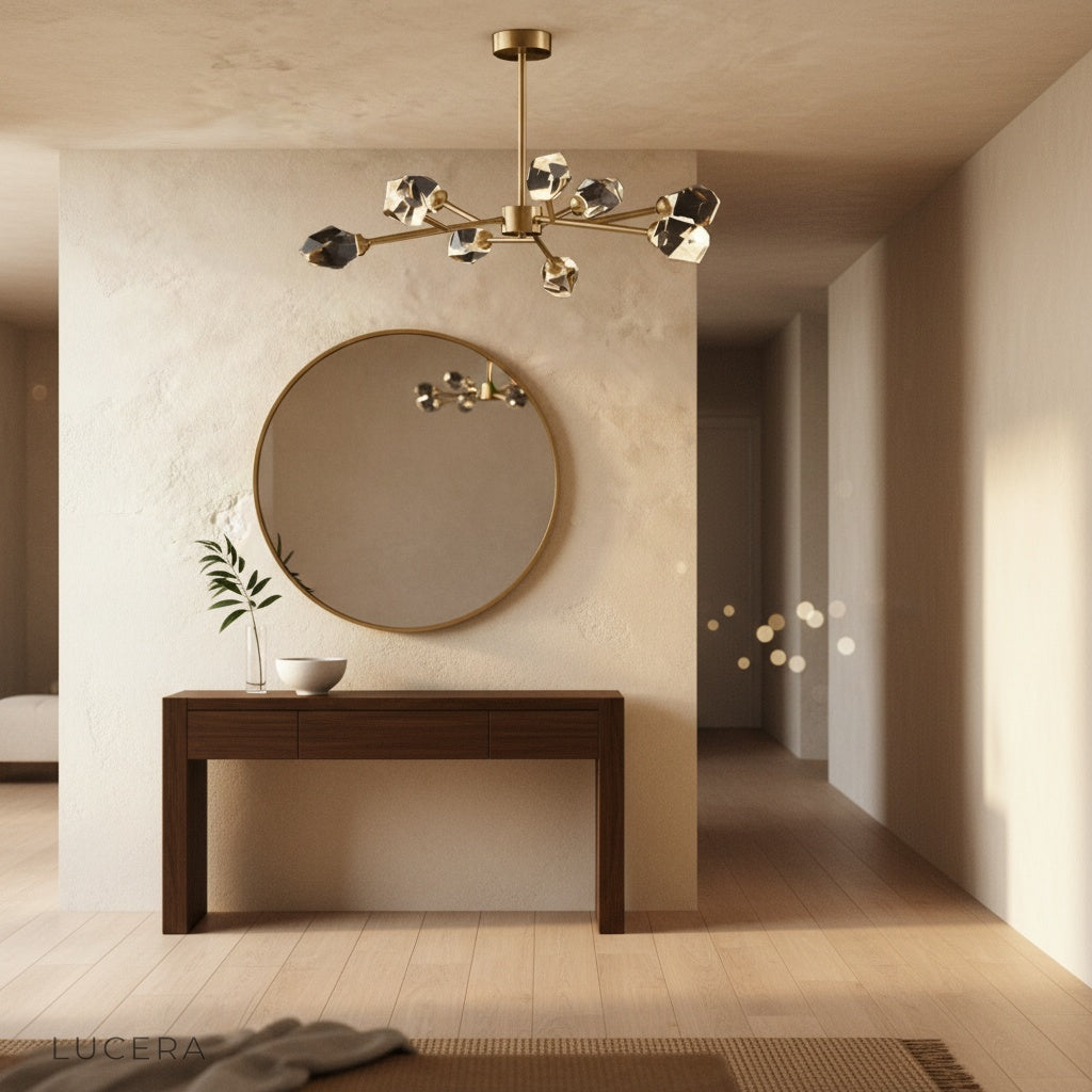 cassia chandelier in warm neutral bedroom with soft glow and crystal sparkle at dusk