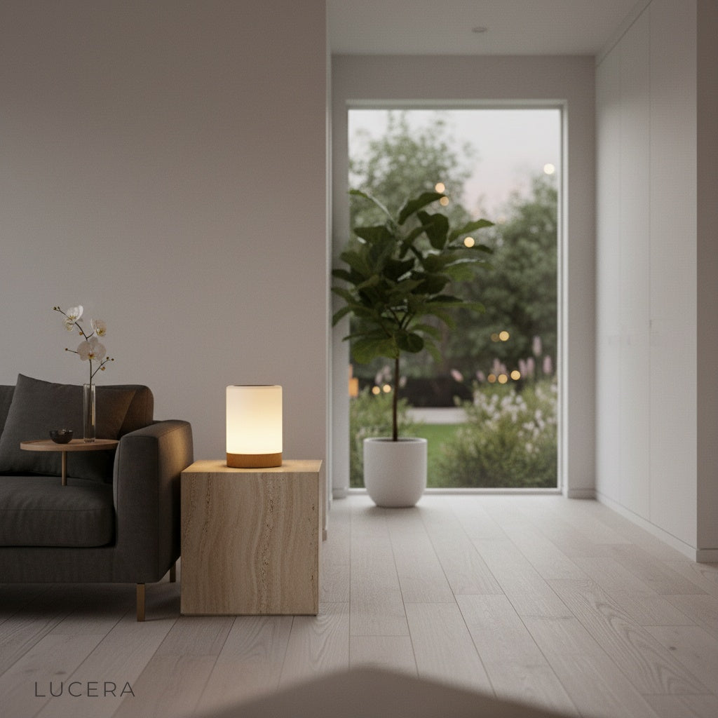 Janus Table Lamp as a decorative accent on a console table in a hallway with warm shadows