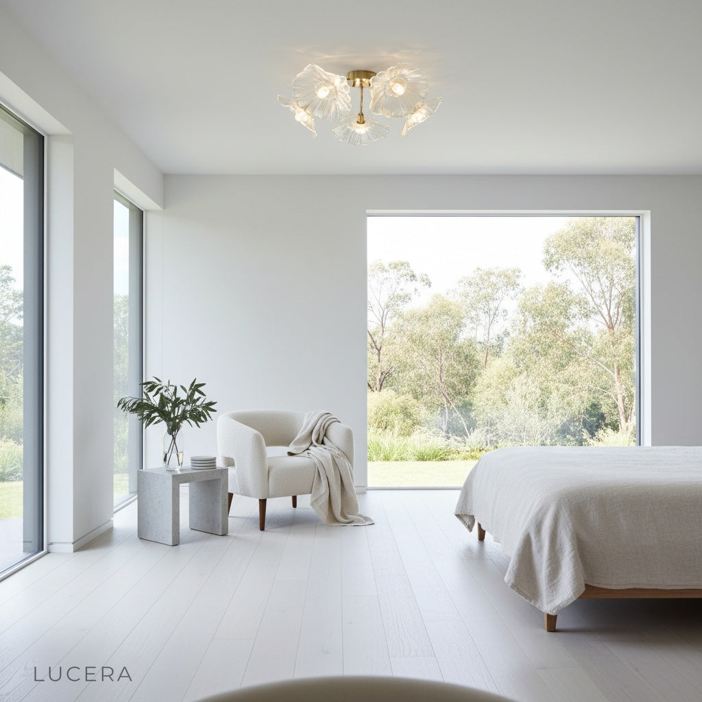Lucera Uranium ceiling light as focal point in contemporary interior with floral glass shades