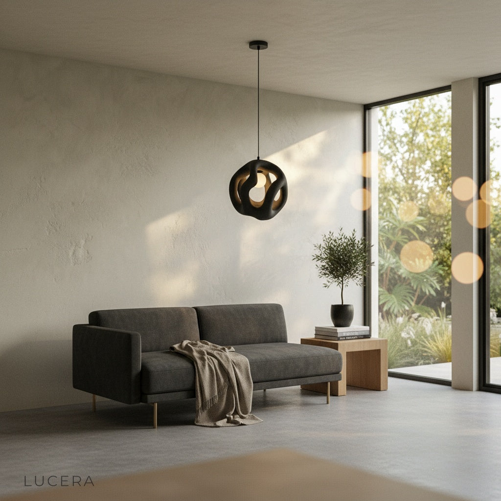 flame pendant light glowing at night in stylish entryway with concrete and wood accents