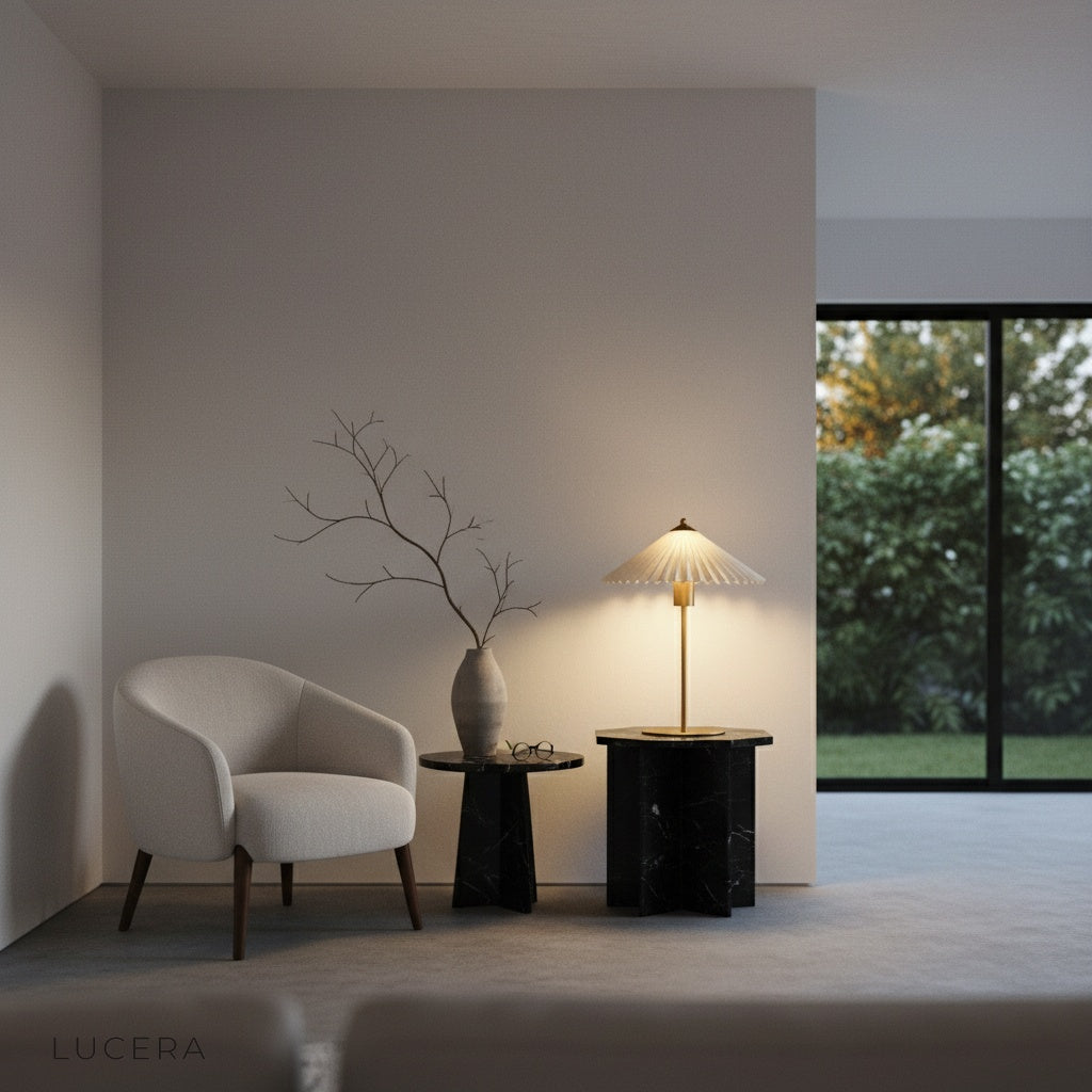 Dome Table Lamp glowing softly on bedside table at dusk creating warm ambient light