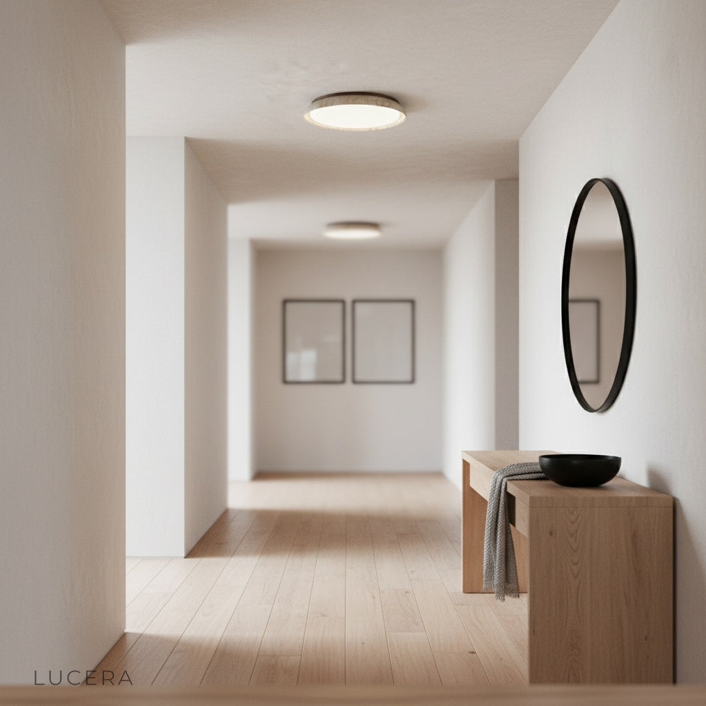 Eau de Vie pendant light casting even glow in minimalist hallway at dusk