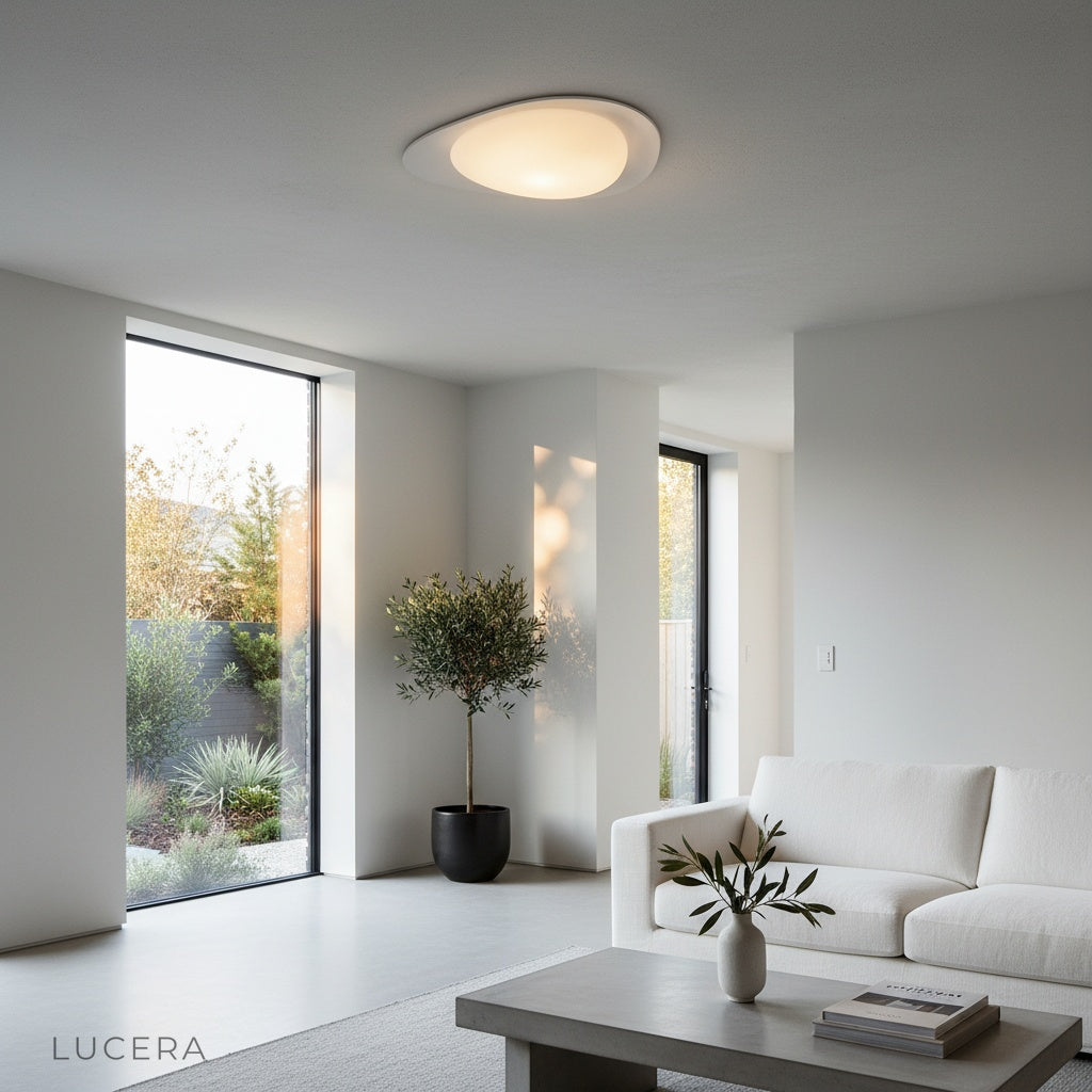 Saturn ceiling light in contemporary dining room with warm diffused lighting