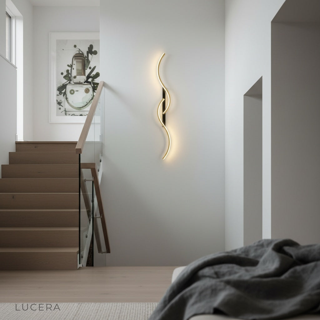 minimalist wall lamp glowing at dusk above a dining table with subtle shadows