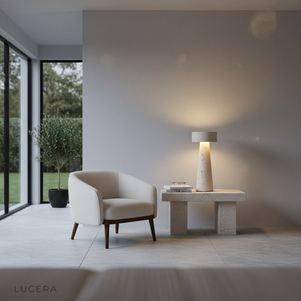 Warm glowing Xenodochium lamp on bedside table in serene minimalist bedroom at night