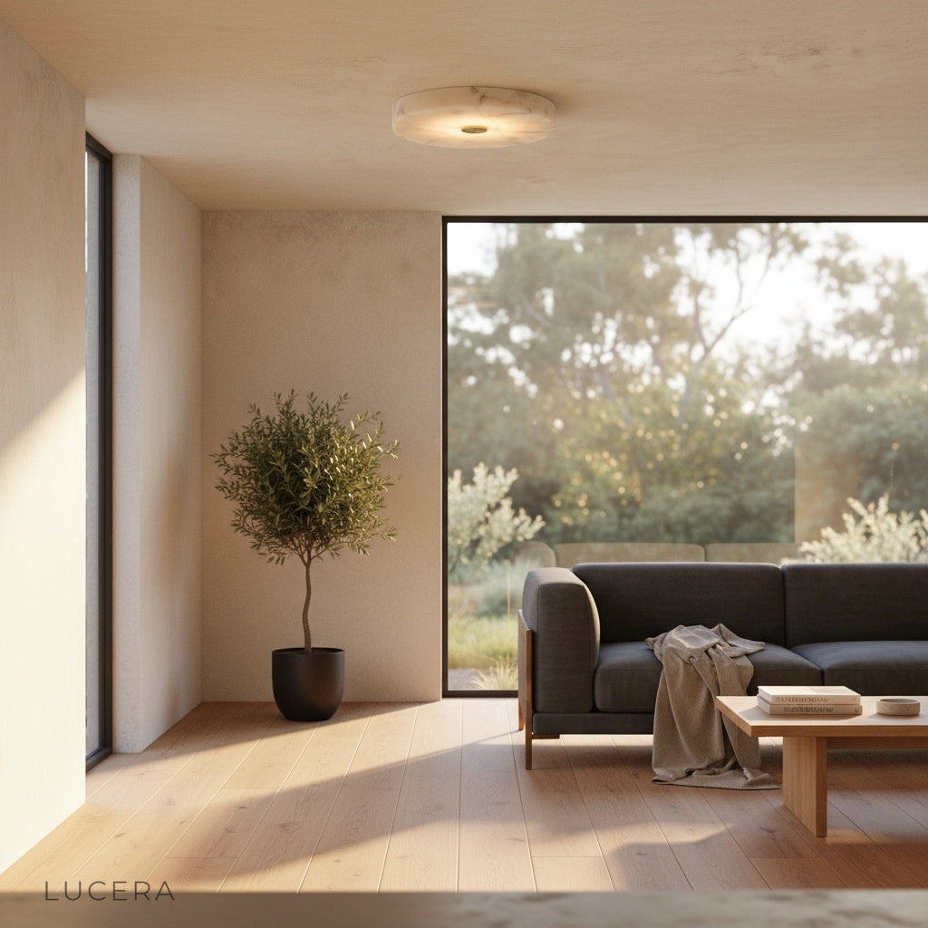 evening shot of Yolande ceiling light glowing warmly in contemporary hallway