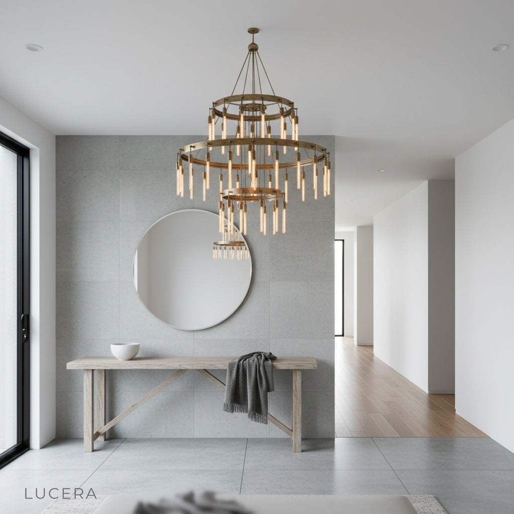 Wreathe 3-tier chandelier hanging in stylish bedroom with ambient lighting and brass accents