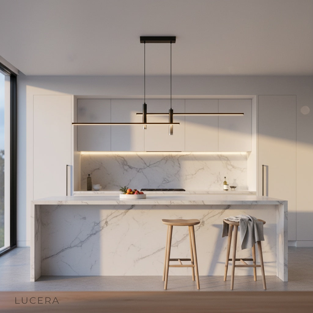Indian Red Pendant Light suspended over bar counter with stools, modern hospitality space