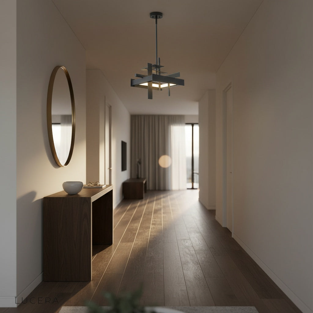 Chalice Pendant Light in cozy reading nook, warm light highlighting iron architecture