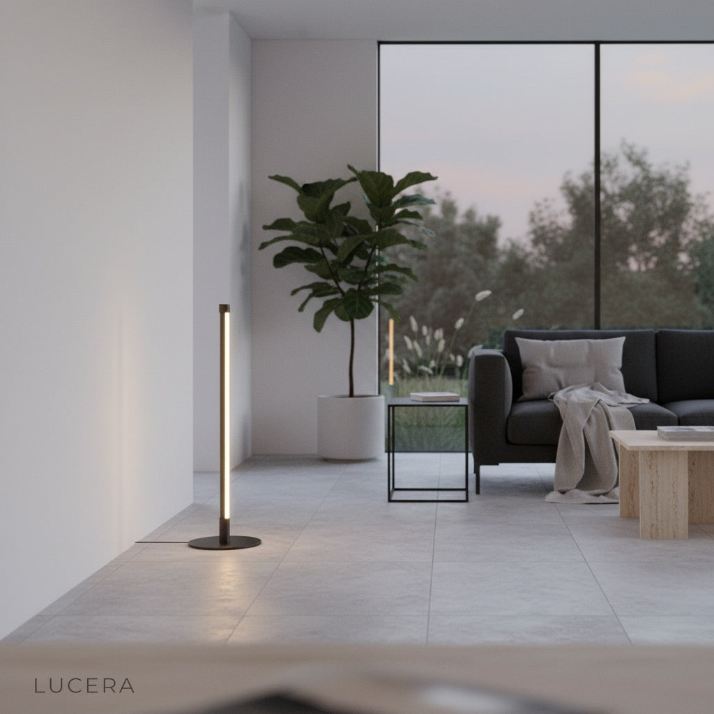 Pascal Table Lamp glowing in a dim hallway, highlighting its slim silhouette and circular base