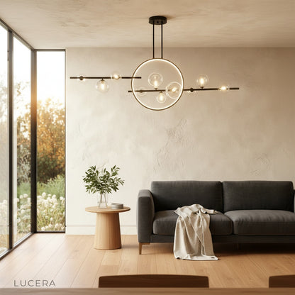 Zona chandelier in elegant hallway with two light modes casting soft shadows on wall