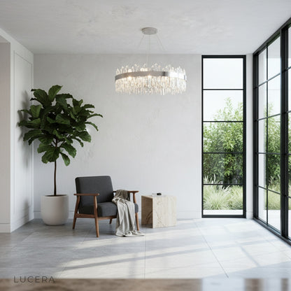 Evening ambiance with Eternal Chandelier glowing softly in a cozy bedroom corner with crystal sparkle