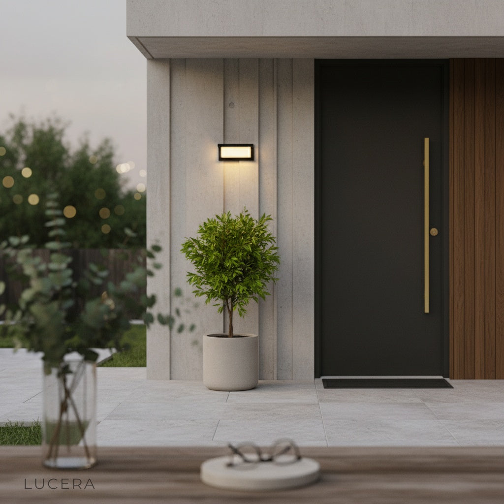 IP65 waterproof LED wall lamp casting inviting glow over a cozy terrace seating area