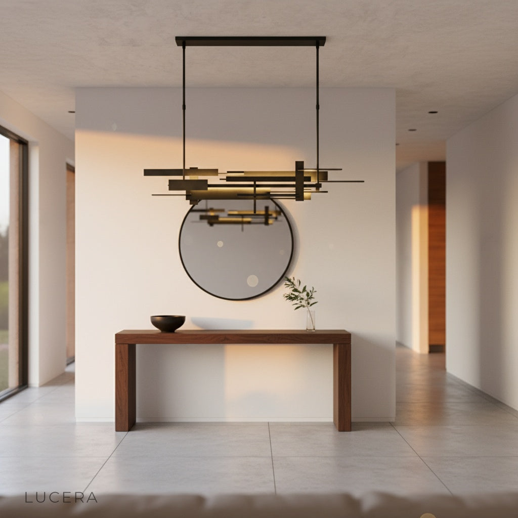 Cassiopeia chandelier nighttime shot with dramatic glow in modern bedroom