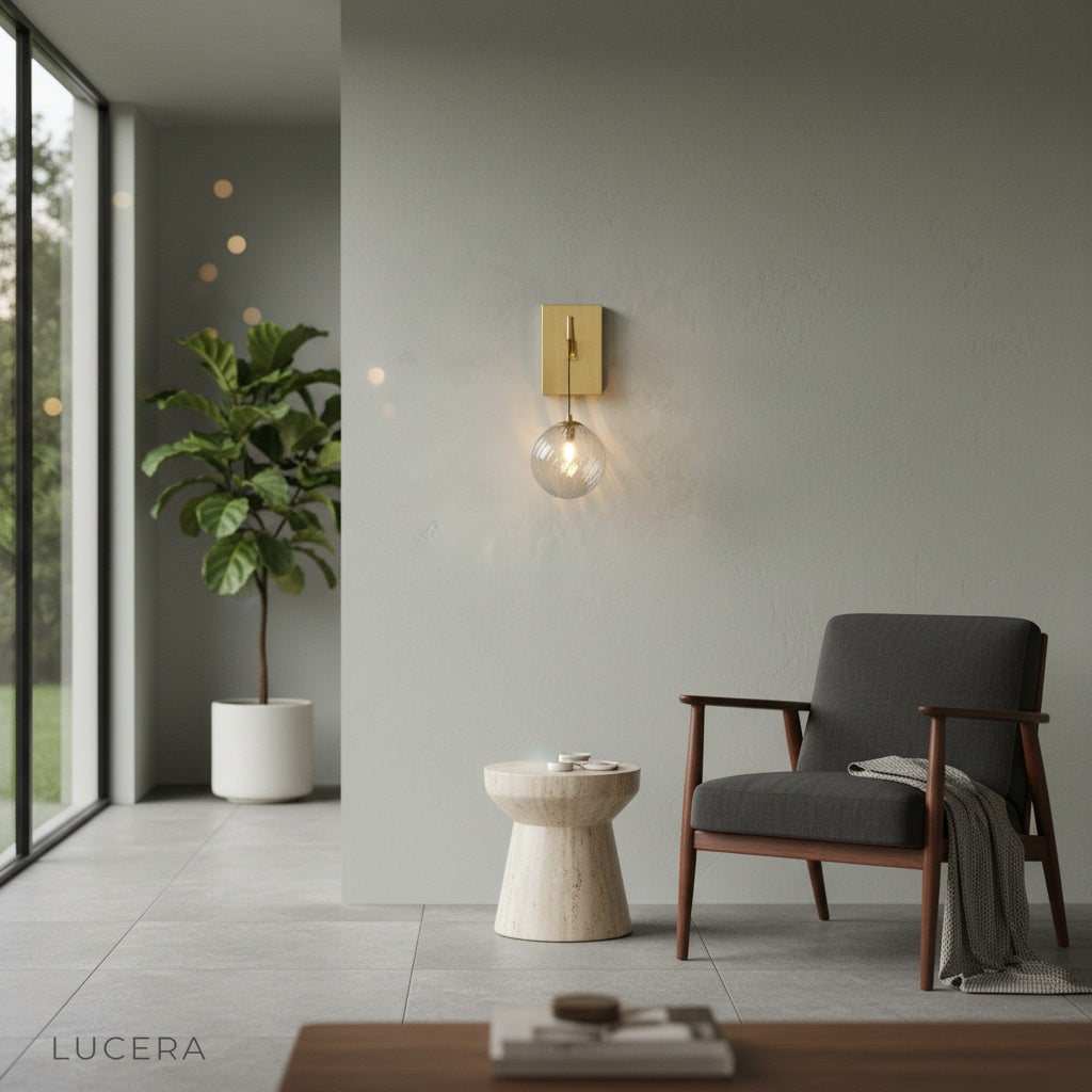 wall lamp with warm ambient glow above modern sofa at night