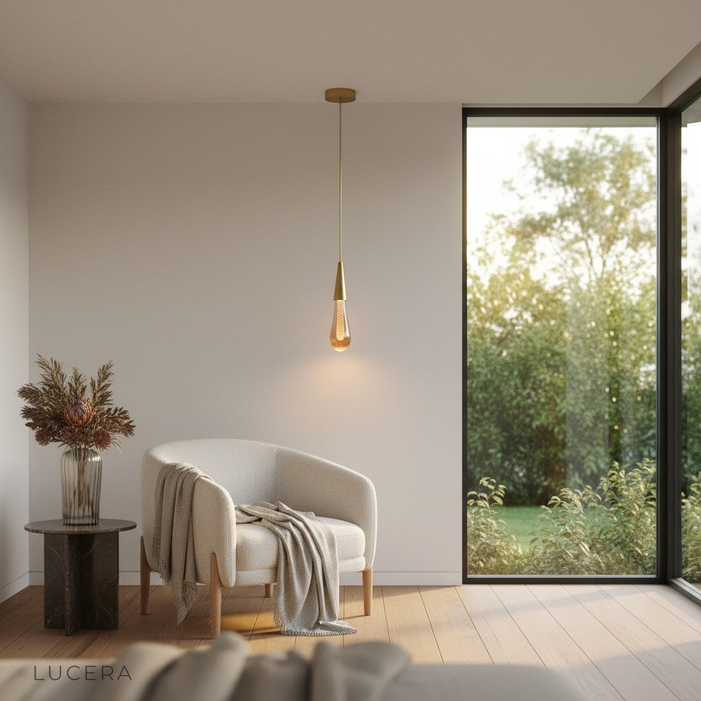 Beryl pendant light suspended over marble kitchen island with soft daylight