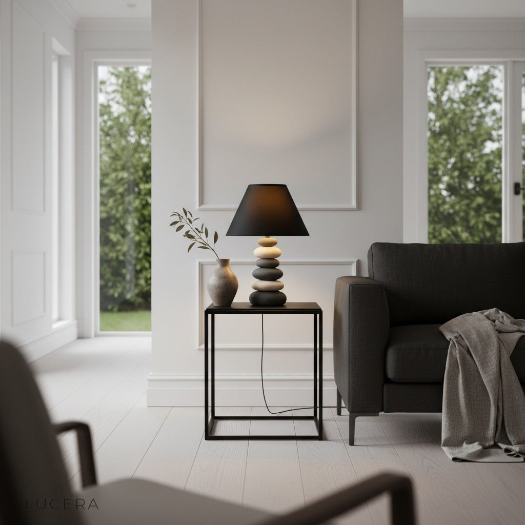 Celestine Table Lamp casting ambient glow in a dark stylish entryway at night