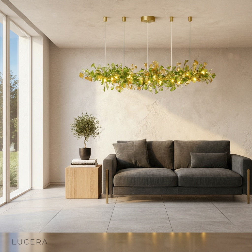 Paola chandelier with copper and glass design hanging in elegant entryway at dusk