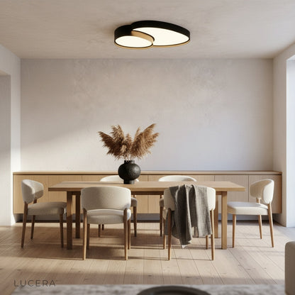 Yielding ceiling light glowing warmly in a stylish living room with plants and soft shadows