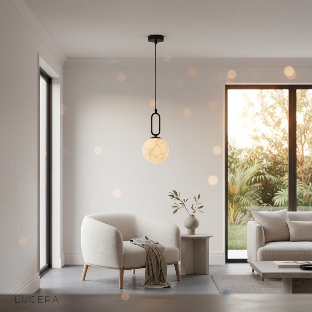 sculptural alabaster teardrop light in cozy reading corner